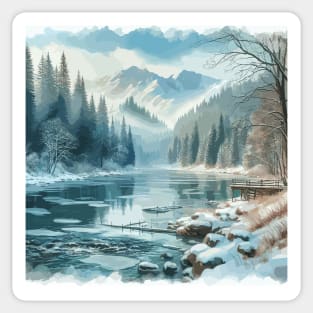 Winter Mountain Forest Lake Winter Landscape Sticker